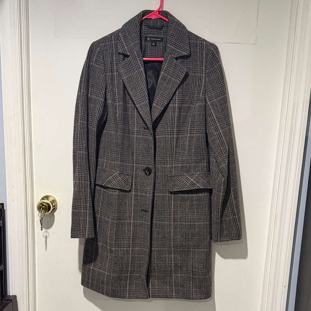 Women’s Gray Pink Plaid Long Wool-Blend Peacoat